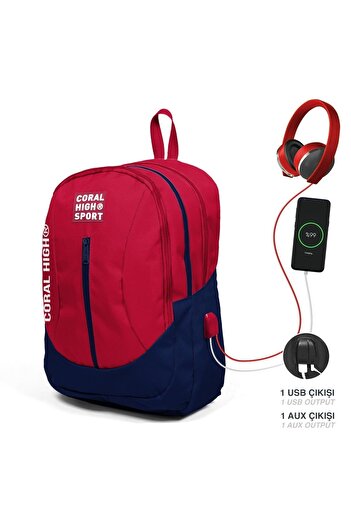 Coral High Sport Kırmızı Lacivert Dört Bölmeli Usb Şarjlı Kulaklık Çıkışlı Sırt Çantası 23447
