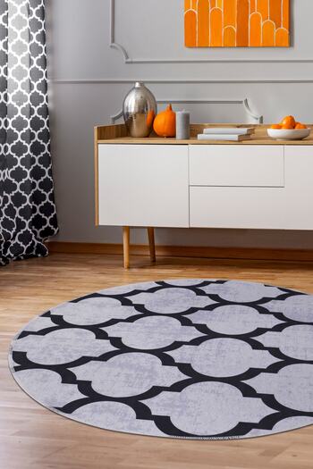 Dijidekor Spade Gray Fringeless Digital Printed Round Washable Carpet Bath Mat 80x80