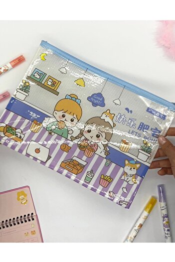 Kağıt Gemi Dükkan Cute Transparent and Zippered Blue A4 File Folder/Collector/Pencil Case/Zipper Bag
