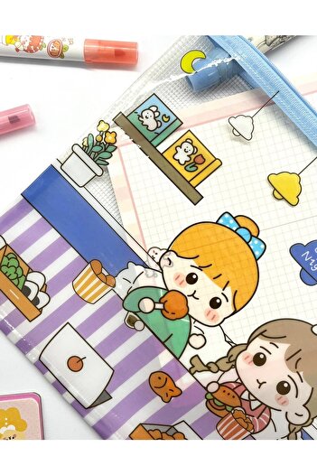 Kağıt Gemi Dükkan Cute Transparent and Zippered Blue A4 File Folder/Collector/Pencil Case/Zipper Bag