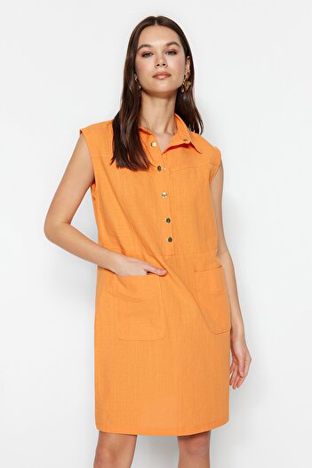 Trendyol Collection Orange Straight Cut Pocket Shirt Collar Linen Look Mini Woven Dress TWOSS22EL1068