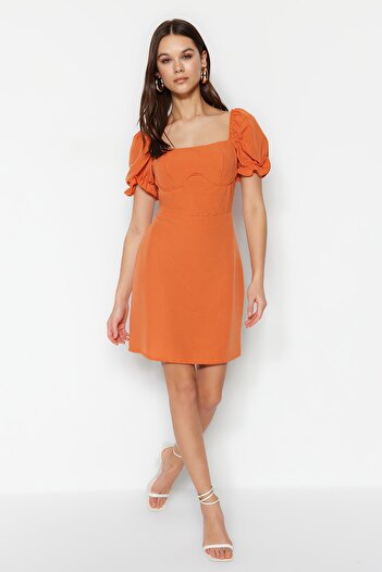 Trendyol Collection Μίνι υφαντό φόρεμα πορτοκαλί A-Cut με μπαλόνι μανίκι λινό TWOSS23EL01765