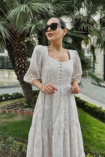 Seda Yalçın Atelier Beige Floral Patterned Scallop Dress