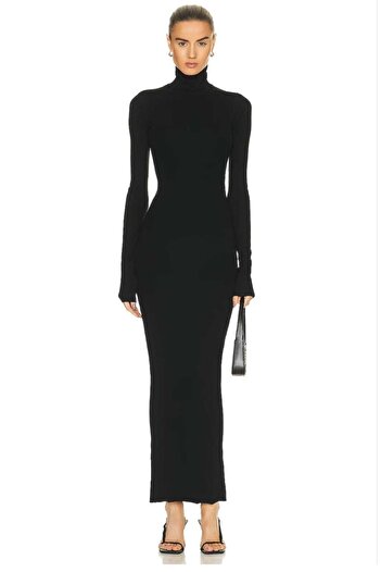 Zagrep Women's Black Turtleneck Finger-Snap Imported Silk Jersey Maxi Dress