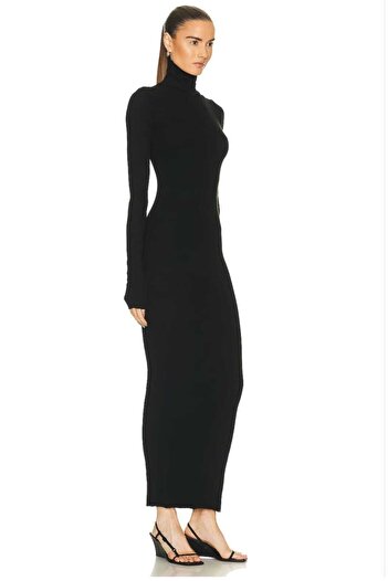 Zagrep Women's Black Turtleneck Finger-Snap Imported Silk Jersey Maxi Dress