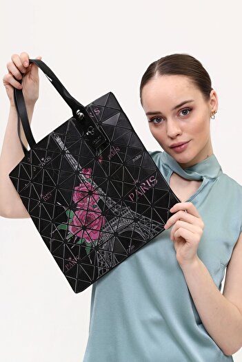 Morpelikan Black Eiffel Print Detailed Shoulder Bag