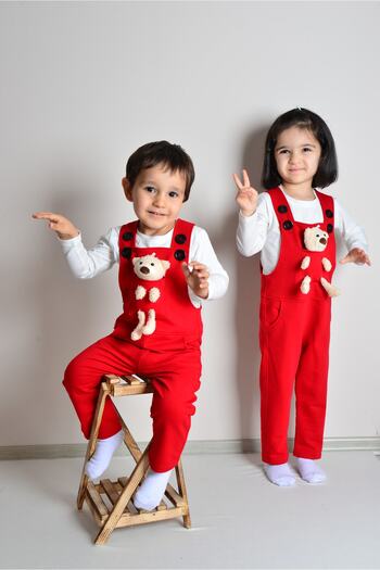 KİDSPİTİRCİK Unisex Children's Red Teddy Bear Salopet Badi