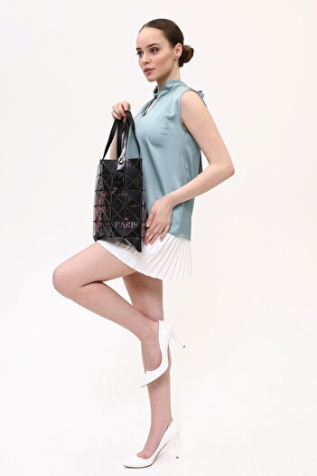 Morpelikan Black Eiffel Print Detailed Shoulder Bag