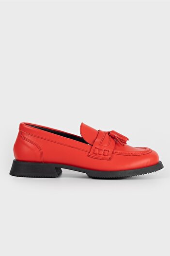 TUNAELLİ Women's Red Genuine Natural Leather Tassel Loafer Shoes