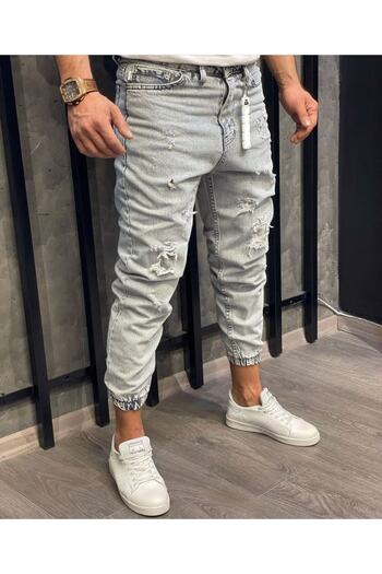Oliggopol Men's Light Gray Elastic Leg, Lycra-Free Boyfriend Jogger Jeans