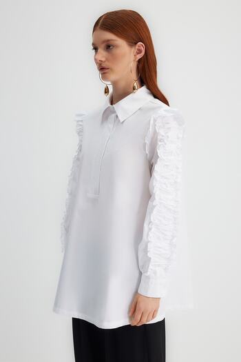 Trendyol Modest X Kevser Sarıoglu White Shoulder and Sleeves Frilly 100% Cotton Poplin Woven Tunik TCLSS23UK00004