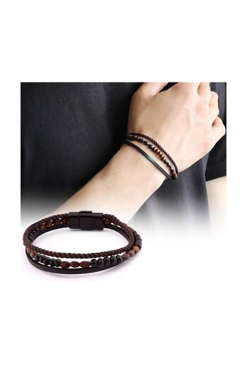 Tesbihane Straw Design Kuka Embroidered 3 Rows Black-brown Steel-leather Combination Men's Bracelet104000363