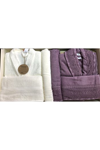 Özdilek Orkide Family Bathrobe Set Cream-plum