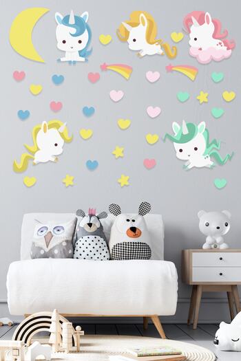 Tilki Dünyası Cute Unicorns, Colorful Hearts, Comets And Colorful Stars Kids Room Wall Sticker
