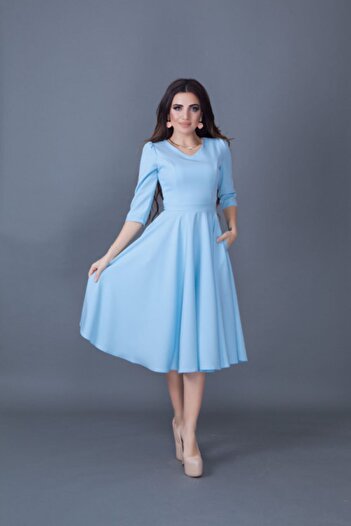 Bidoluelbise Γυναικείο Baby Blue Midi Φόρεμα με λαιμόκοψη με λεπτομέρεια τσέπης