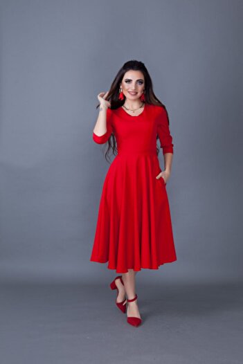 Bidoluelbise Women's Red Midi Length Pocket Detailed V-Neck Dress