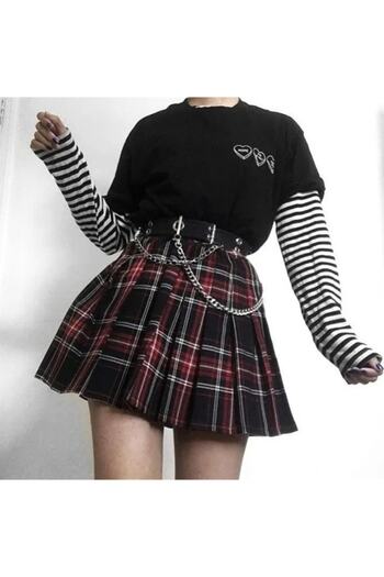 Köstebek Women's Navy Blue Red and White Striped Plaid Skirt