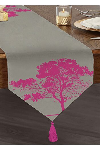 Realhomes Decorative Fuchsia Tree Design Tufted Chenille Triangle Runner on Gray Background