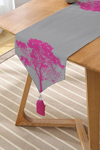 Realhomes Decorative Fuchsia Tree Design Tufted Chenille Triangle Runner on Gray Background