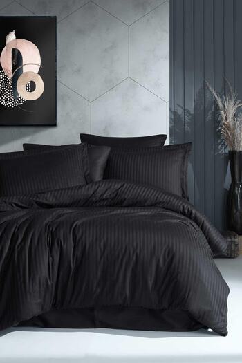 Elart Bedding Set Double Cotton Satin 6 Pieces Line Black