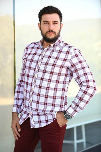 Factor Men's Claret Red Oversize Linen Buttoned Collar Foldable Sleeve Shirt F5213
