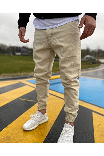 He Brand Ανδρικό κρεμ ελαστικό τζιν παντελόνι Jogger τζιν σε χαλαρή εφαρμογή