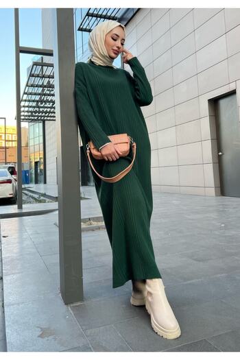 MAXXANA Oversize Φαρδύ μισό ζιβάγκο με ριγέ πλεκτό φόρεμα Hijab για νούμερα 38-44