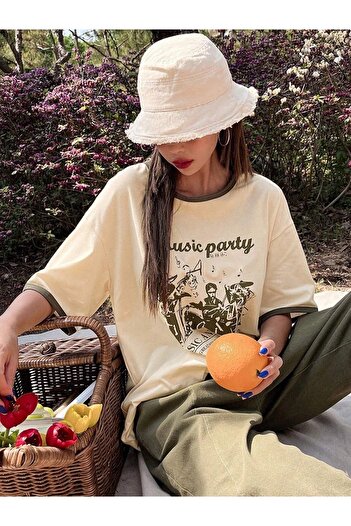 Keywest Μπλουζάκι με στάμπα μπεζ Oversize Music Party