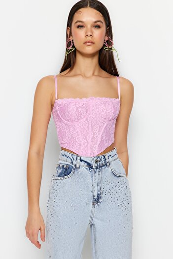 Trendyol Collection Pink Lace Crop Bustier - Corset Detailed and Agraphed TPRAW23BS00062