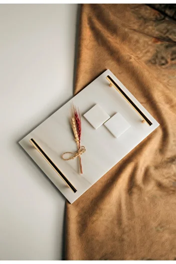 MERALP Thin Marble Gold Promise/ Engagement Tray with 2 Removable Rings, Metal Profile Handle
