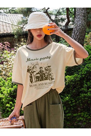 Keywest Μπλουζάκι με στάμπα μπεζ Oversize Music Party