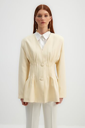 Trendyol Modest X Kevser Sarıoğlu Beige Rib Λεπτομερές υφαντό σακάκι TCLSS23CK00002