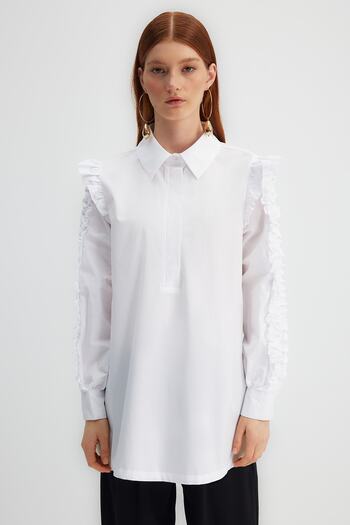 Trendyol Modest X Kevser Sarıoglu White Shoulder and Sleeves Frilly 100% Cotton Poplin Woven Tunik TCLSS23UK00004
