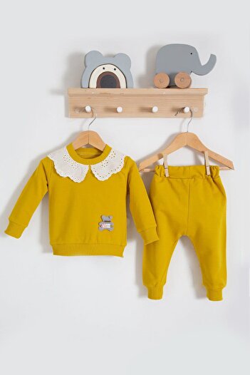 ADABEBEK Combed Cotton Top and Bottom Set with Lace Collar and Teddy Bear Accessories