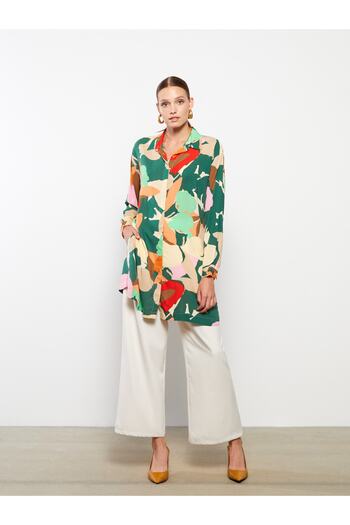 LC Waikiki Shirt Collar Patterned Long Sleeve Viscose Women's Tunic