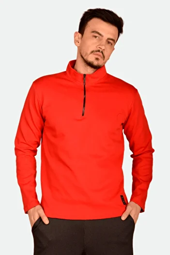 BESSA Men's Half Zippered Stand Collar Red Sweatshirt Comfortable Fit