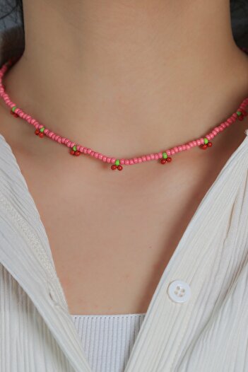 Kübüşün Atölyesi Ka-009 Jablonex Sand Bead Cherry Necklace - Handmade