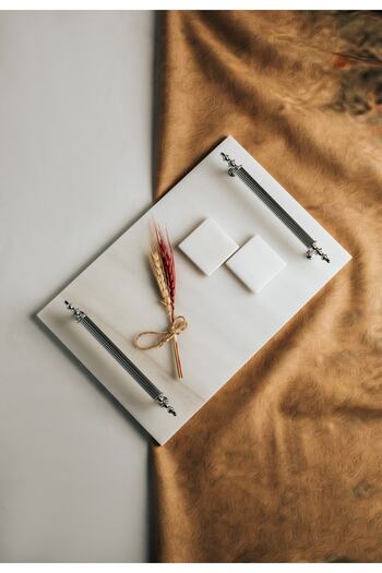 MERALP Thin Marble Silver Promise/ Engagement Tray with 2 Removable Rings, Metal Profile Handle