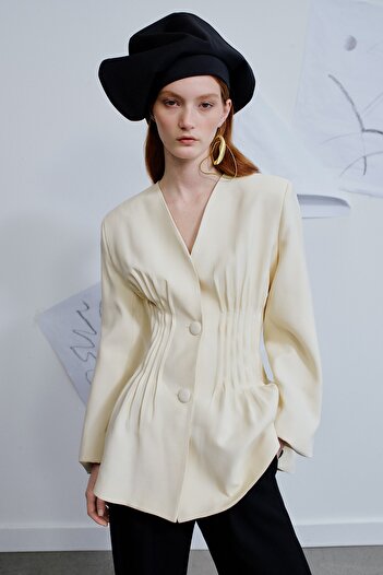 Trendyol Modest X Kevser Sarıoğlu Beige Rib Λεπτομερές υφαντό σακάκι TCLSS23CK00002