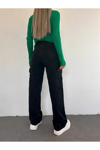 Trn JNS Diamond Women's Black Colorfast Lycra Back Pocketless Model Cargo Palazzo Pants