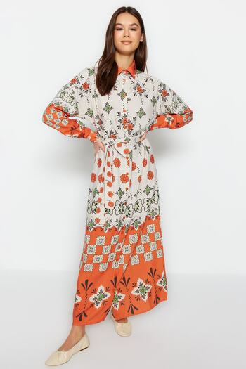 Trendyol Modest Φόρεμα υφασμένο πουκάμισο με έθνικ μοτίβο από πλακάκια TCTSS23EB00364