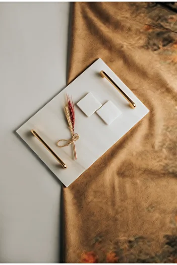 MERALP Thin Marble Gold Promise/ Engagement Tray with 2 Removable Rings, Metal Profile Handles