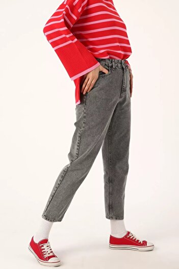 Trn JNS Spanish Yüksek Bel Füme Kar Yıkama Mom Kot Pantolon Likralı Solmaz Ekstra Rahat Mom Jeans