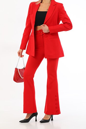 RG style Kırmızı Sahte Cepli Düğmeli Blazer Ceket Kemerli Ispanyol Paça Düğmeli Esnek Pantolon Takım Elbise