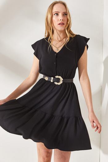 Olalook Women's Black Frilly Sleeve Buttoned Mini Dress with Elastic Waist ELB-19001864