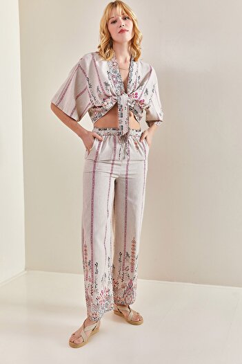 Bianco Lucci Women's Multi Patterned Front Tie Linen Bottom Top Set
