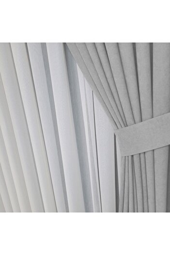Yuka Diamond Double Wing Light Gray Velvet Textured Medium Pleated Plain Island Background Curtain Plain 90 X 260
