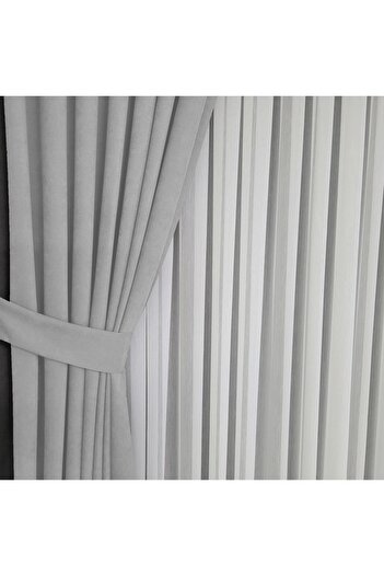 Yuka Diamond Double Wing Light Gray Velvet Textured Medium Pleated Plain Island Background Curtain Plain 90 X 260