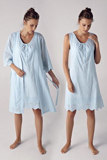 Artış Blue Woven Cotton Maternity Maternity Nightgown and Dressing Gown Set