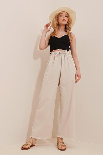 Trend Alaçatı Stili Women's Beige Tasseled High Waist Palazzo Jean Trousers ALC-X8930
